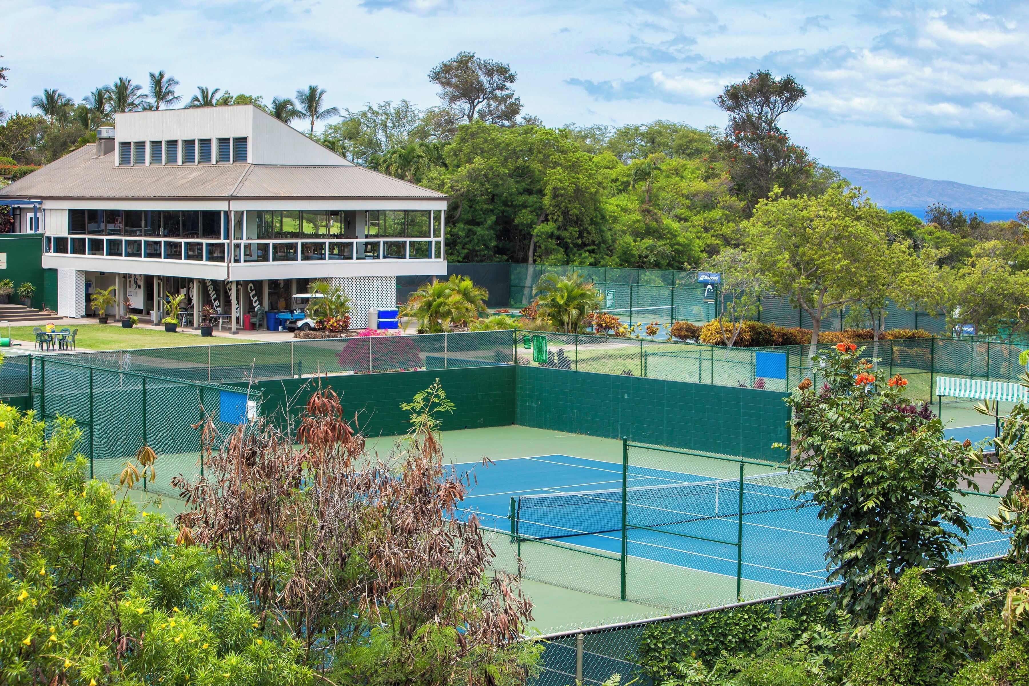 En tennisbane omgivet af frodig vegetation og en bygning med mange vinduer.