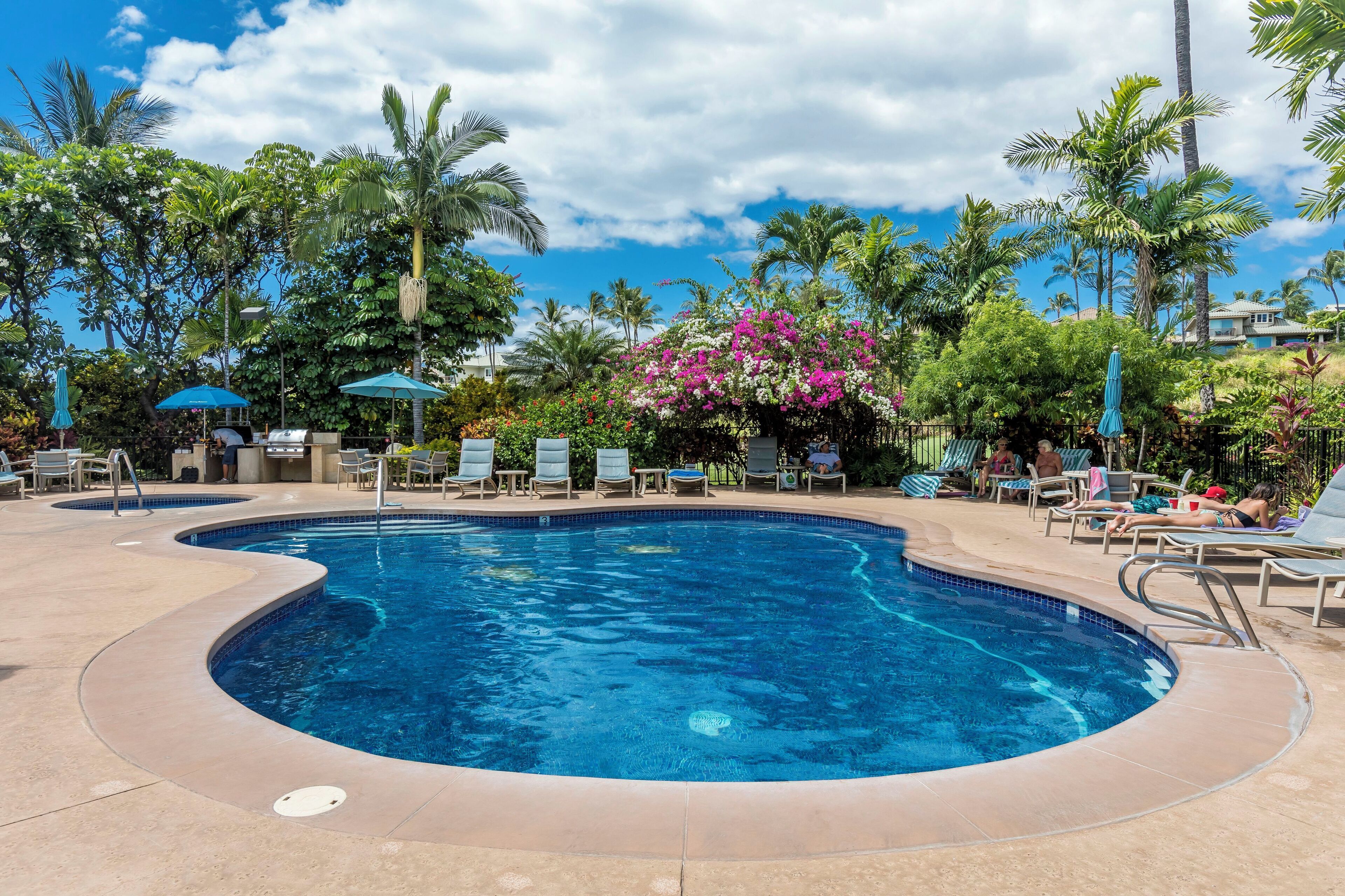 Una piscina con sillas de descanso y sombrillas, rodeada de palmeras y plantas tropicales.
