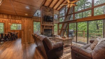 Téléviseur, foyer, lecteur de DVD, table de baby-foot