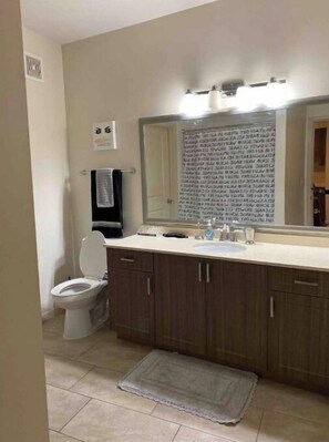 Shower, hair dryer, soap, toilet paper
