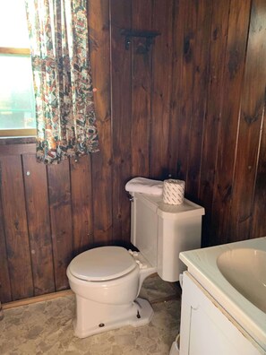 Een badkamer met houten wanden, een toilet, een wastafel en een raam met decoratieve gordijnen.