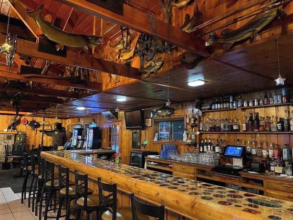 A bar with wooden decor, including fish mounted on the ceiling and shelves with bottles.