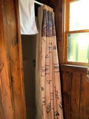 A wooden bathroom with a shower curtain featuring a nature pattern.