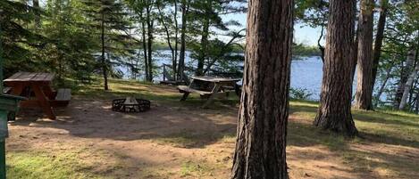 Un campeggio con tavoli da picnic, un braciere e un piccolo chalet sul lago.