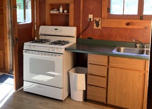 Una cocina compacta con estufa, horno y lavamanos.
