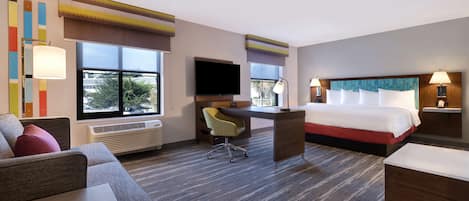 Desk, laptop workspace, blackout drapes, soundproofing