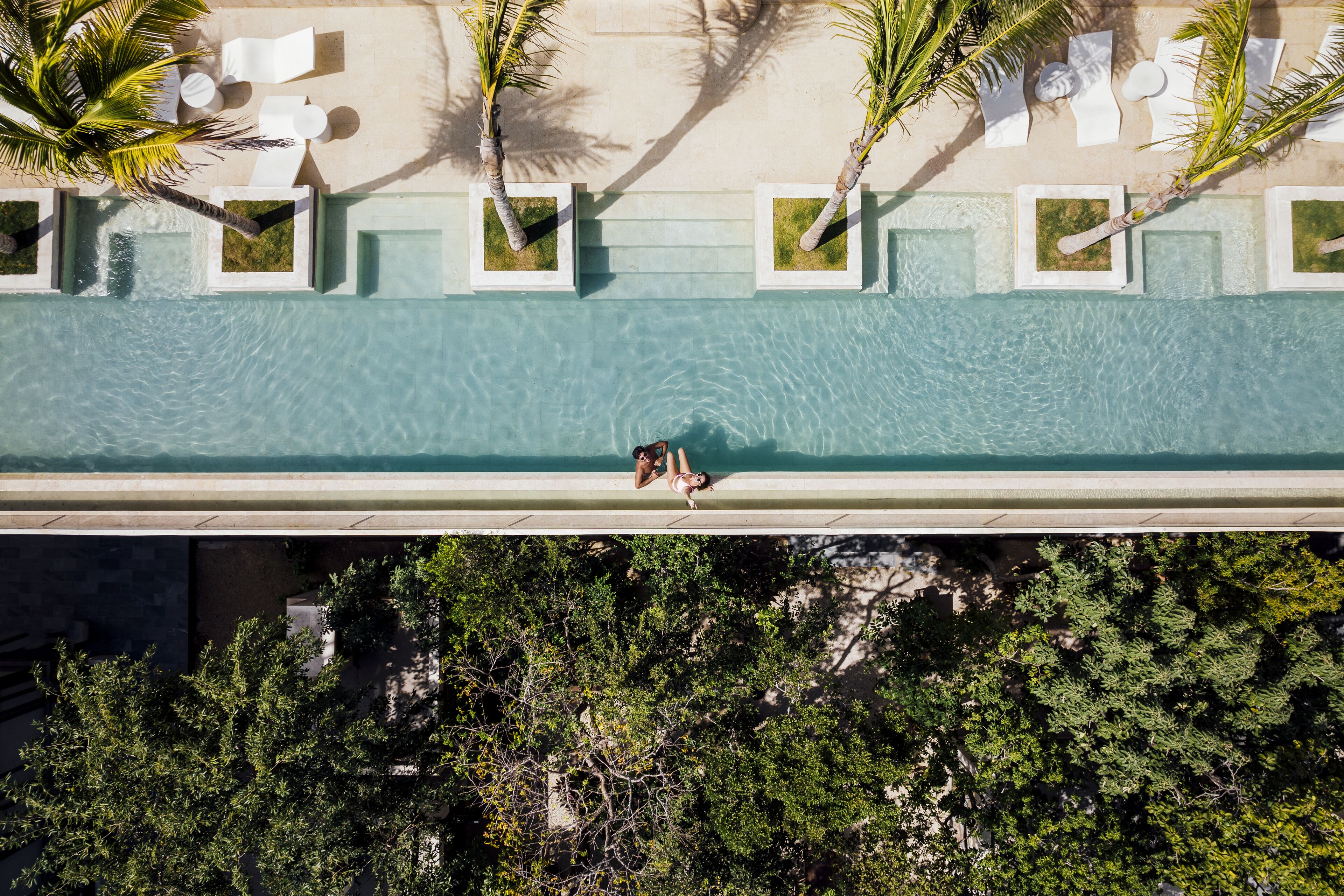 Vista aérea de una piscina con una persona tomando el sol, rodeada de palmeras y sillas de descanso.
