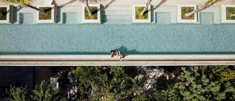 An aerial view of a swimming pool with a person sunbathing, surrounded by palm trees and lounge chairs.