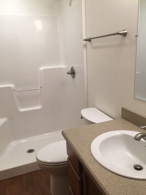 Combined shower/tub, hair dryer, towels, toilet paper