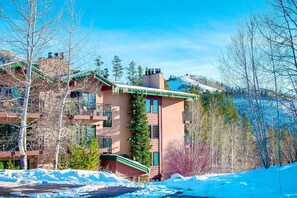 Un immeuble à plusieurs étages, doté d’un toit végétalisé, entouré d’un paysage enneigé et d’arbres.
