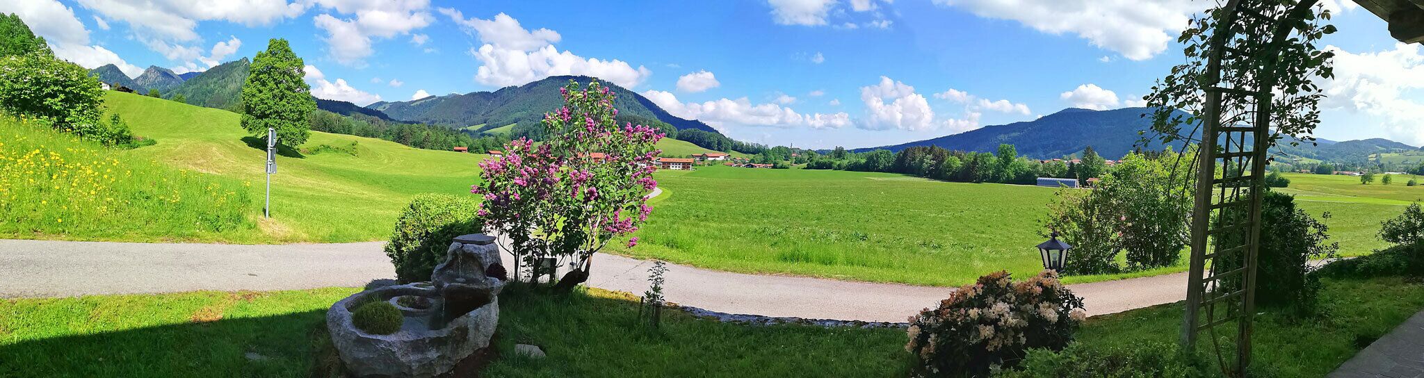 Ländliche Landschaft mit einer Straße, grünen Feldern und Bergen im Hintergrund.