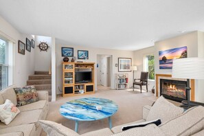 TV, fireplace, foosball, books