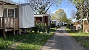 A row of mobile homes with a paved driveway, surrounded by greenery and trees. - Mobile Home Dans Camping Calme (Biesheim)