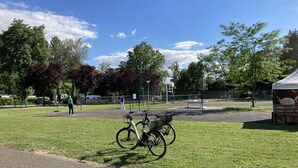 A grassy area with bicycles parked, a playground, and a building in the background. - Mobile Home Dans Camping Calme (Biesheim)