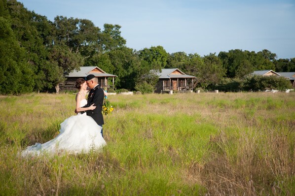 A wedding scene in a grassy field with wooden cabins in the background.
