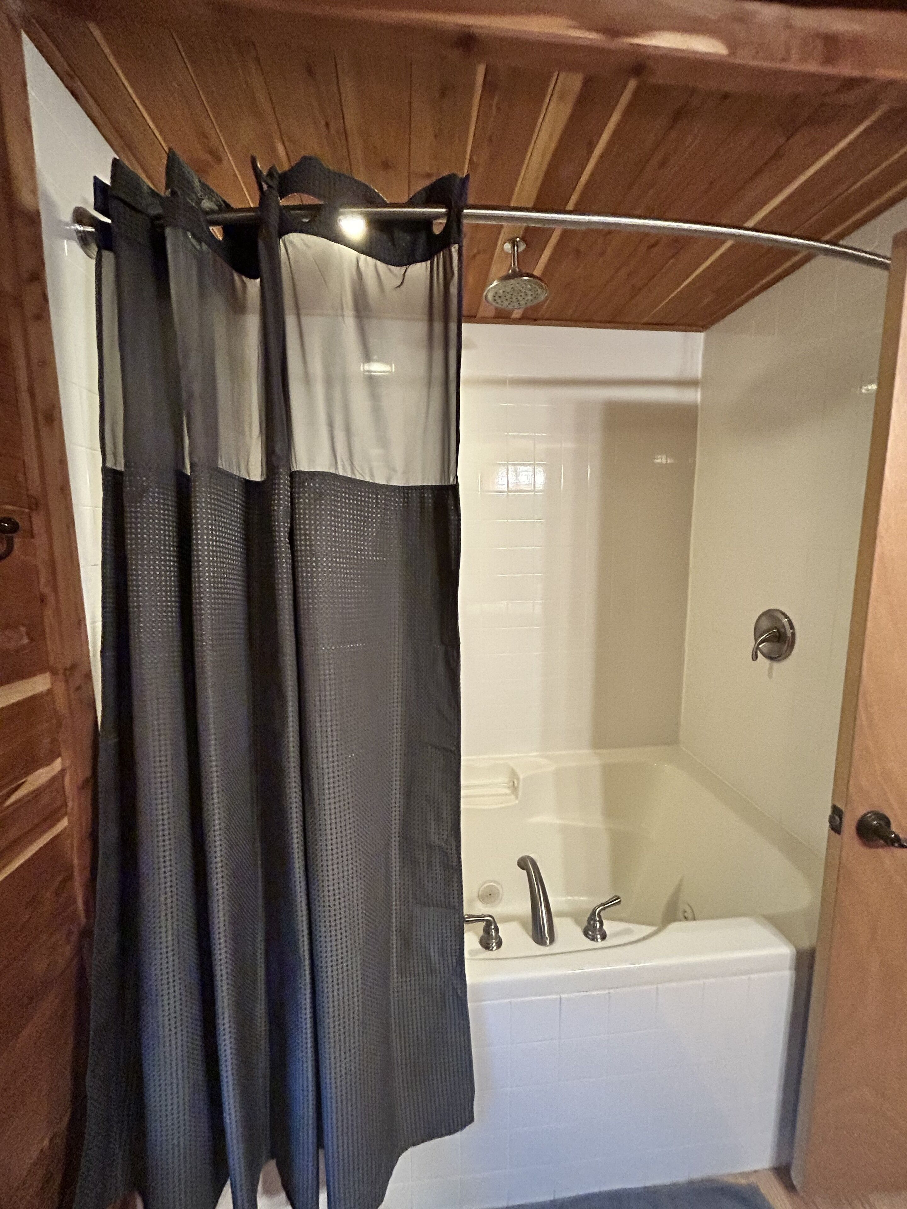 Combined shower/bathtub, jetted bath, rainfall showerhead, hair dryer
