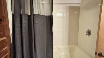 Combined shower/bathtub, jetted bath, rainfall showerhead, hair dryer