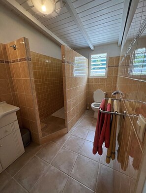 Shower, hair dryer, towels, toilet paper