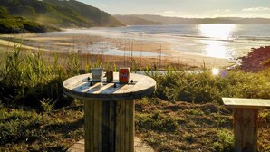 A wooden table with a can of soda and a cup, set on a grassy area with a view of the beach and ocean.