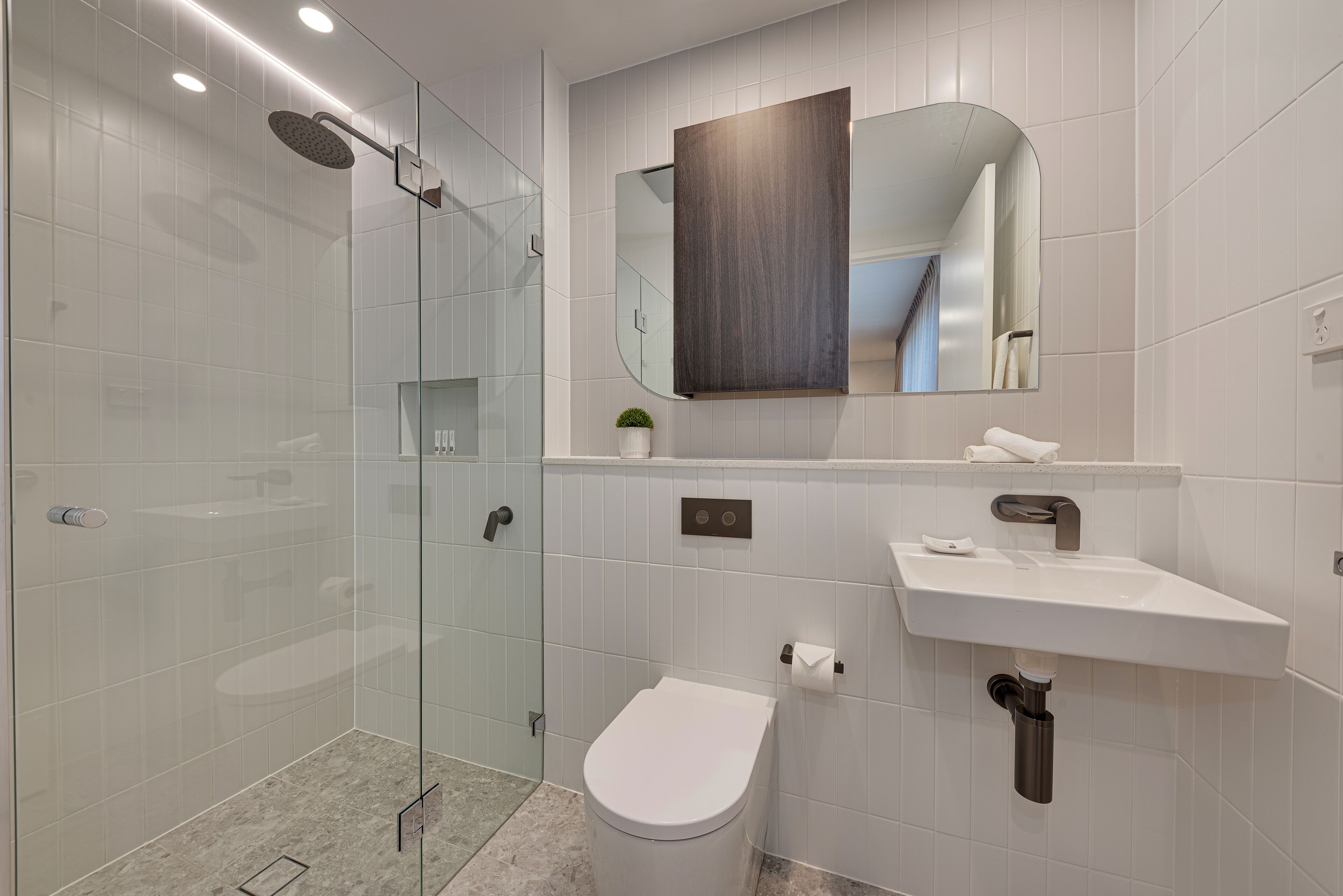 Un baño moderno con ducha de vidrio, inodoro blanco, lavabo con espejo y una planta pequeña sobre la encimera.