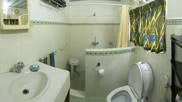 A bathroom with a sink, toilet, and shower. There is a mirror, towel rack, and a shower curtain with a bird pattern.