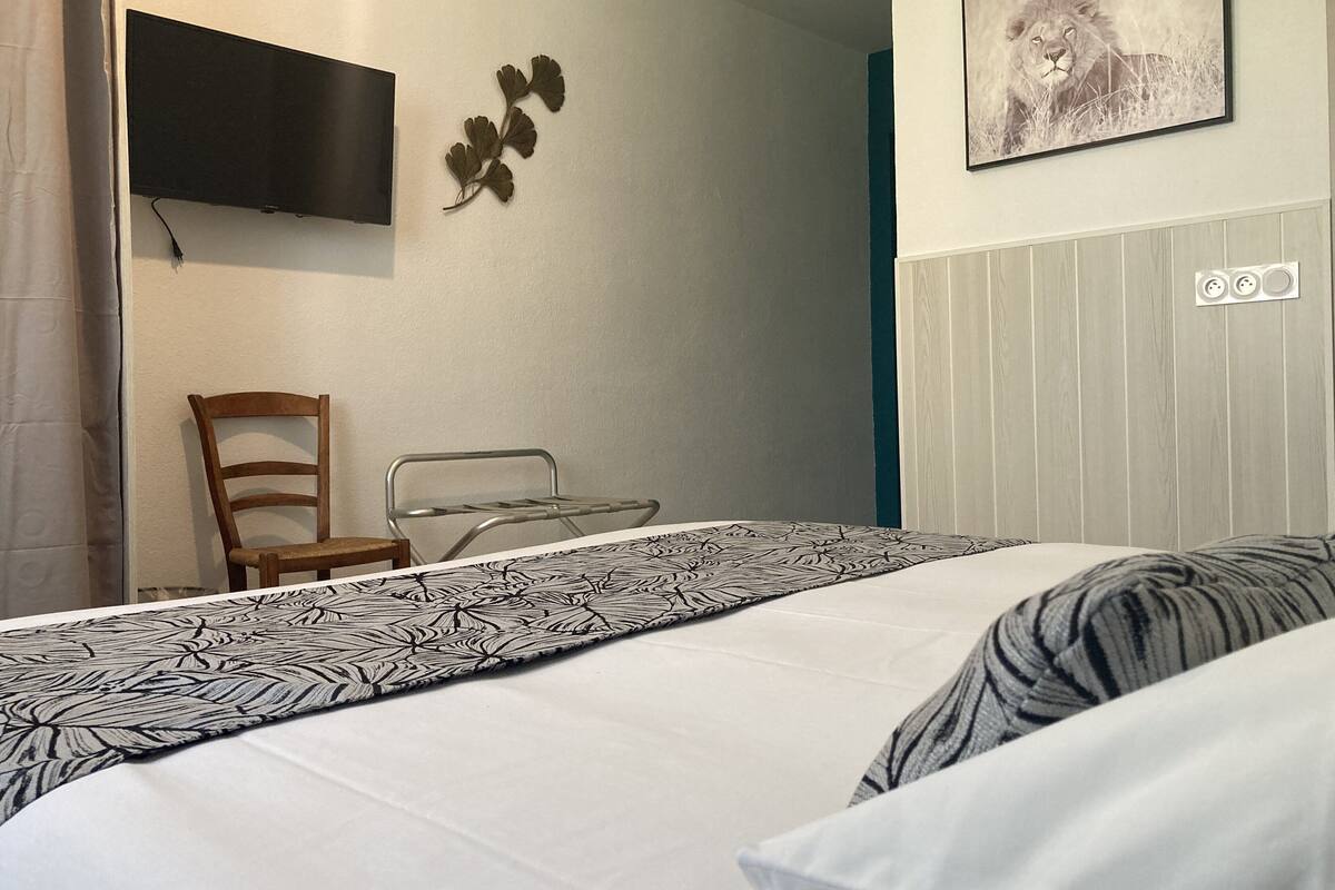 Une chambre à coucher comprenant un lit, une chaise, un téléviseur à écran plat fixé au mur et un tableau représentant un lion.