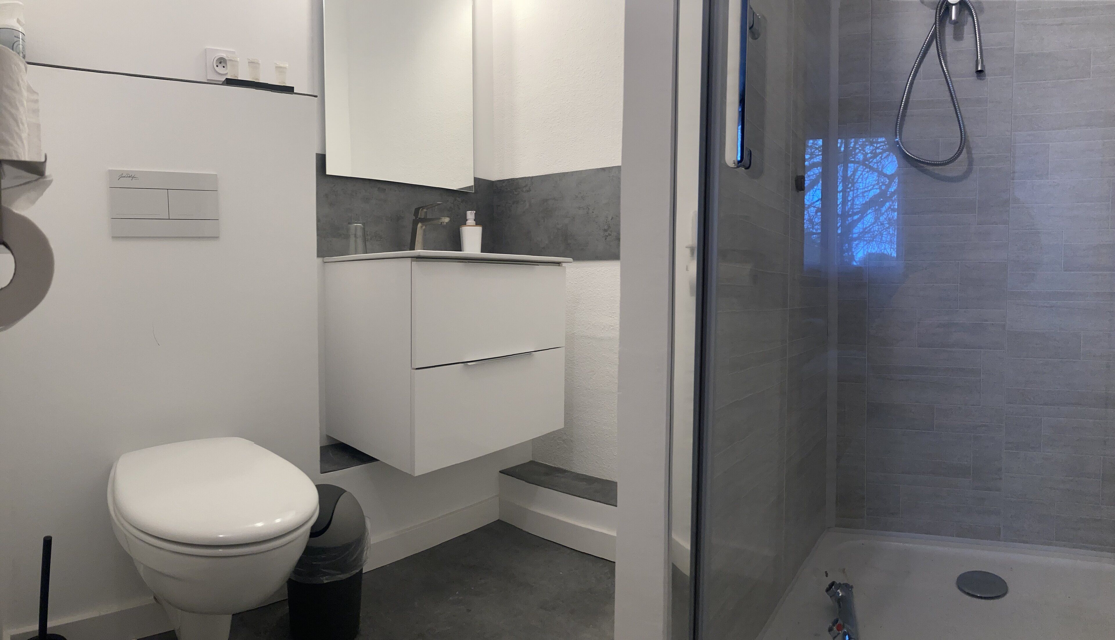 A modern bathroom with a toilet, a sink, a mirror, and a shower area.