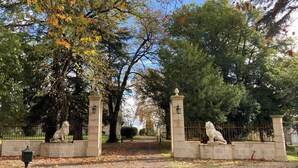 Entrada a un parque con estatuas de leones de piedra, un camino pavimentado y árboles con hojas otoñales.