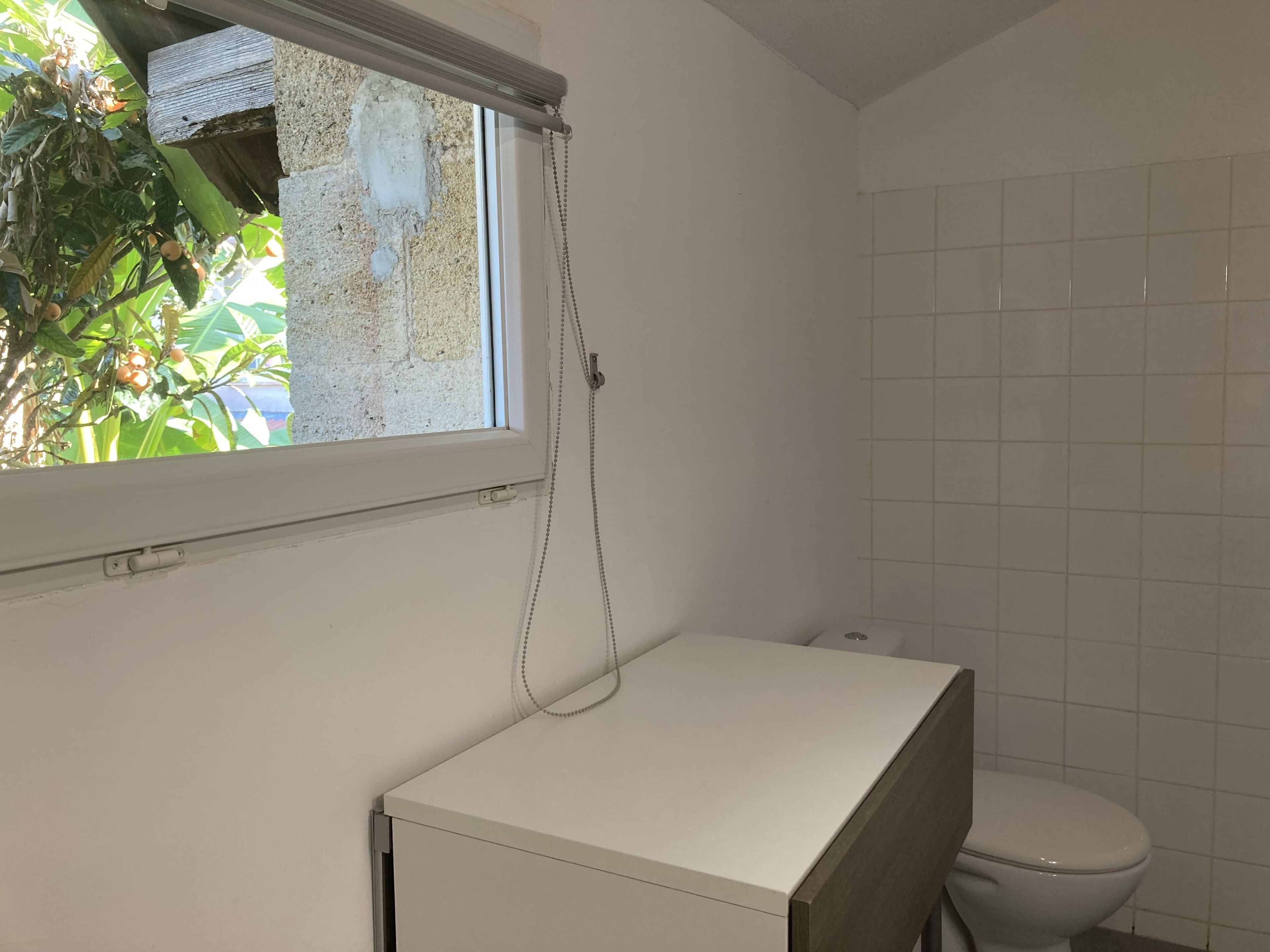 A small, compact bathroom with a toilet, a shower with a curtain, and a window.