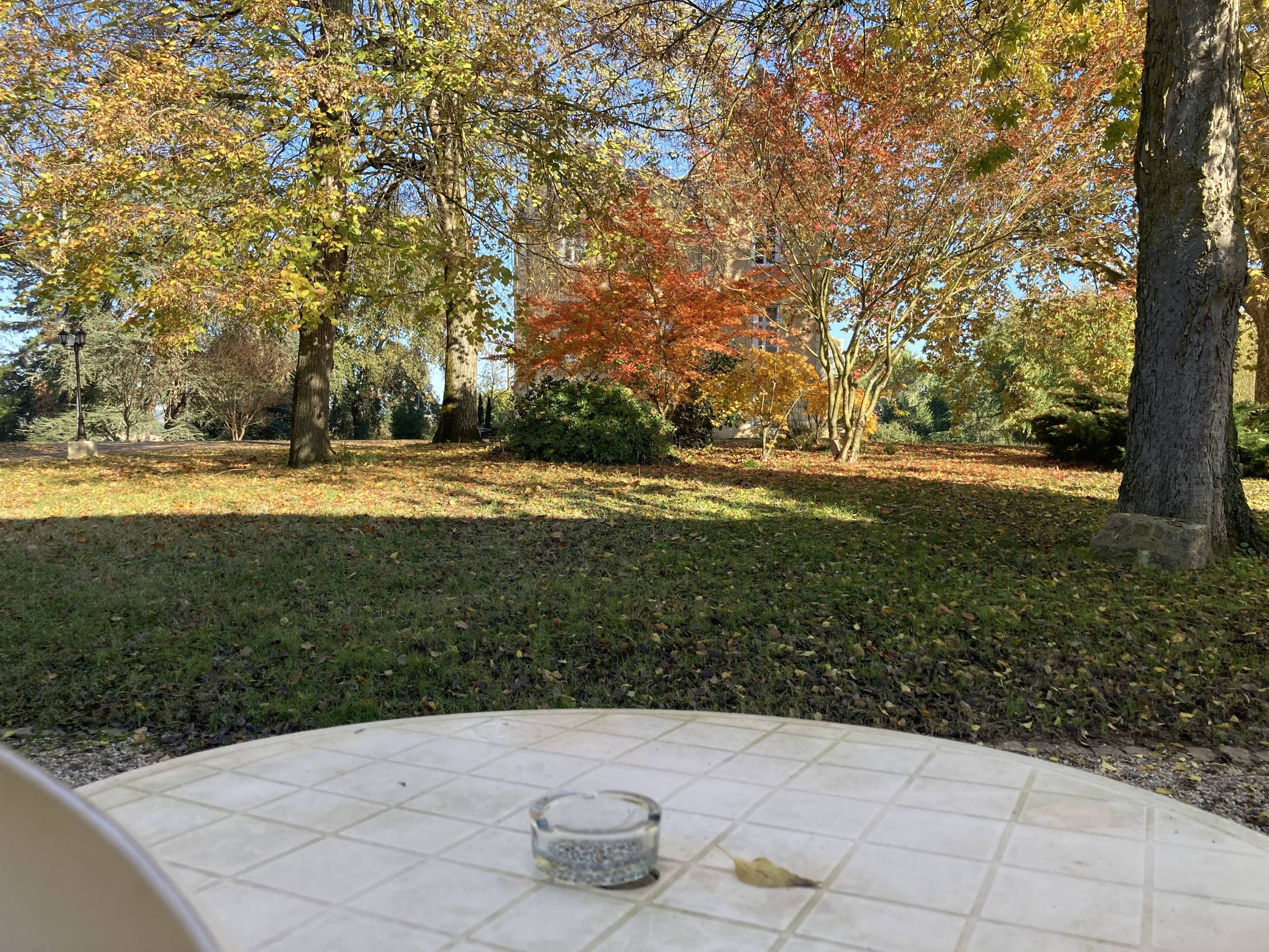 Un espace extérieur circulaire aménagé avec des sièges, une table en verre et un socle en pierre, entouré d’une pelouse verdoyante et d’arbres aux feuilles d’automne.