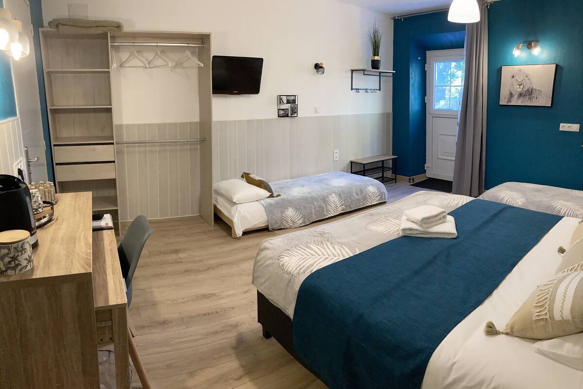 Une chambre d’hôtel comprenant un lit, un bureau, une chaise, une télévision, une armoire et une salle de bain.