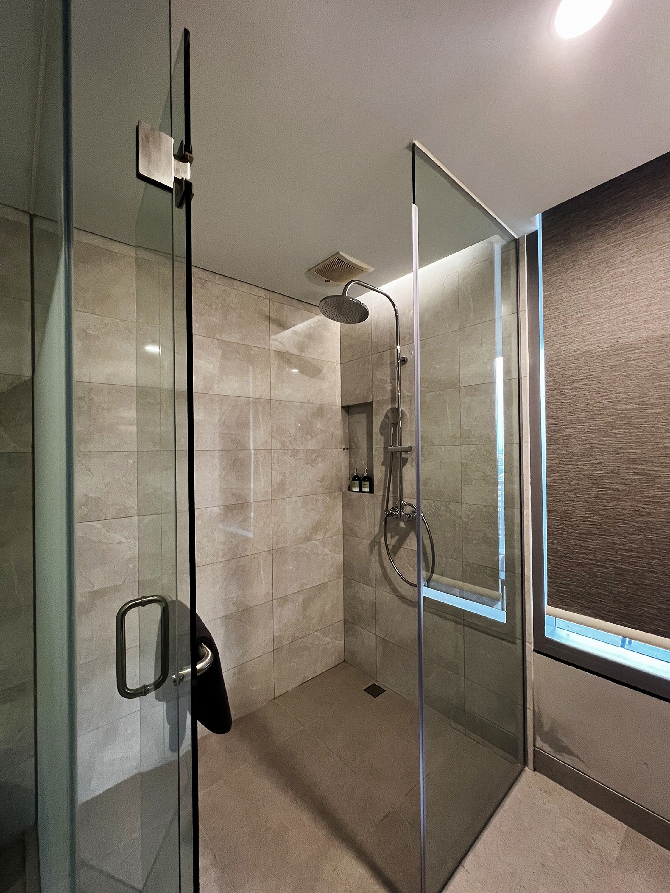 A modern shower with a glass door, a handheld showerhead, and a wall-mounted control panel.