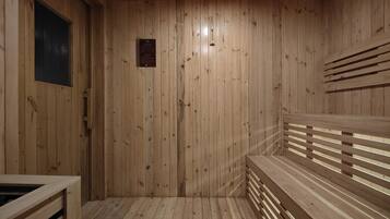 A wooden sauna with benches and a bench with a backrest.