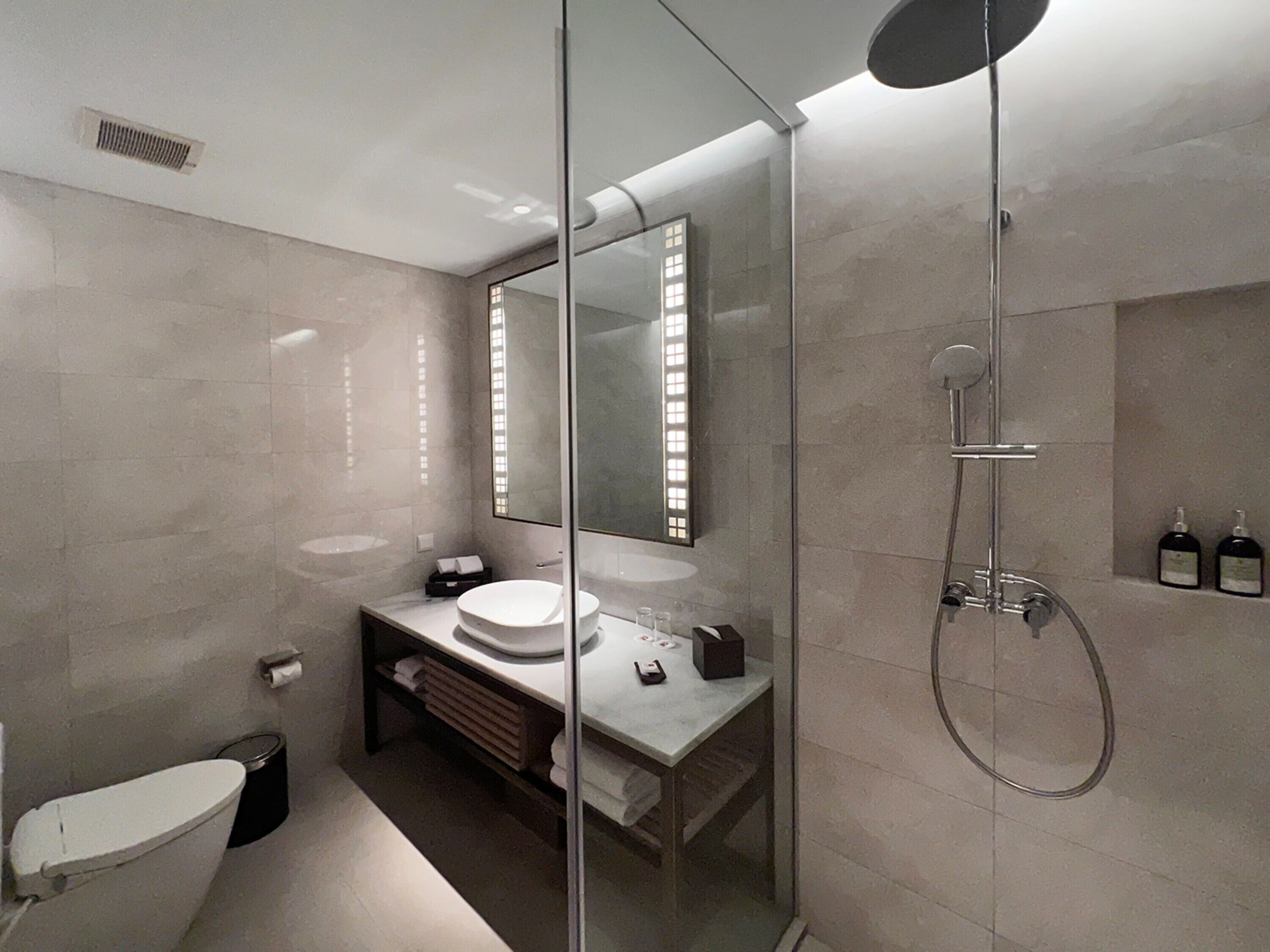 A modern bathroom with a glass-enclosed shower, a white toilet, and a vanity with a mirror.