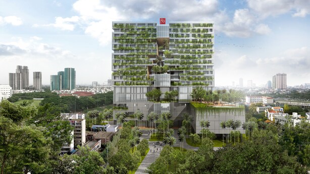 A modern high-rise building with multiple balconies, surrounded by greenery and urban landscape. - Ra Suites Simatupang (Jakarta)