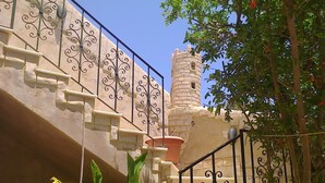A stone staircase with wrought iron railings, a brick chimney, and a potted plant in the foreground.
