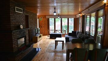 Deluxe Duplex | Living area | 90-inch LCD TV with satellite channels, TV, toys