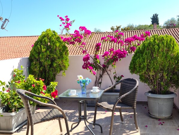Un patio con mesa, sillas, plantas en macetas y techo de baldosas.