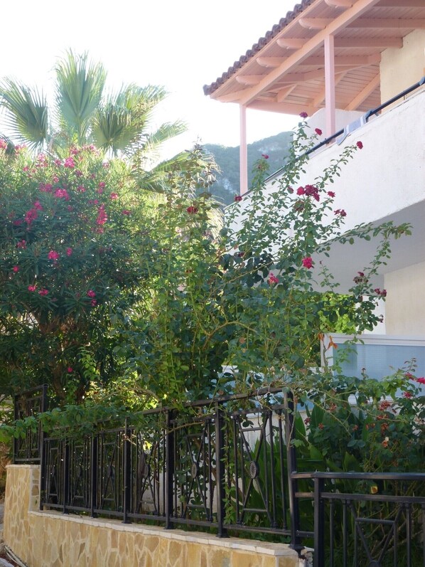 A residential building with a stone wall, a metal fence, and flowering plants.