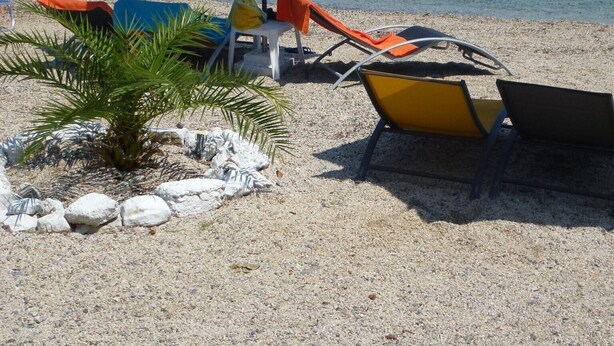 Une plage avec des transats, des parasols et des gens qui se baignent.