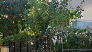 A residential building with a stone wall, a metal fence, and flowering plants. - Studio "Galini Studios 2" Near the Beach with Wi-Fi, A/C & Balcony (Corfu)