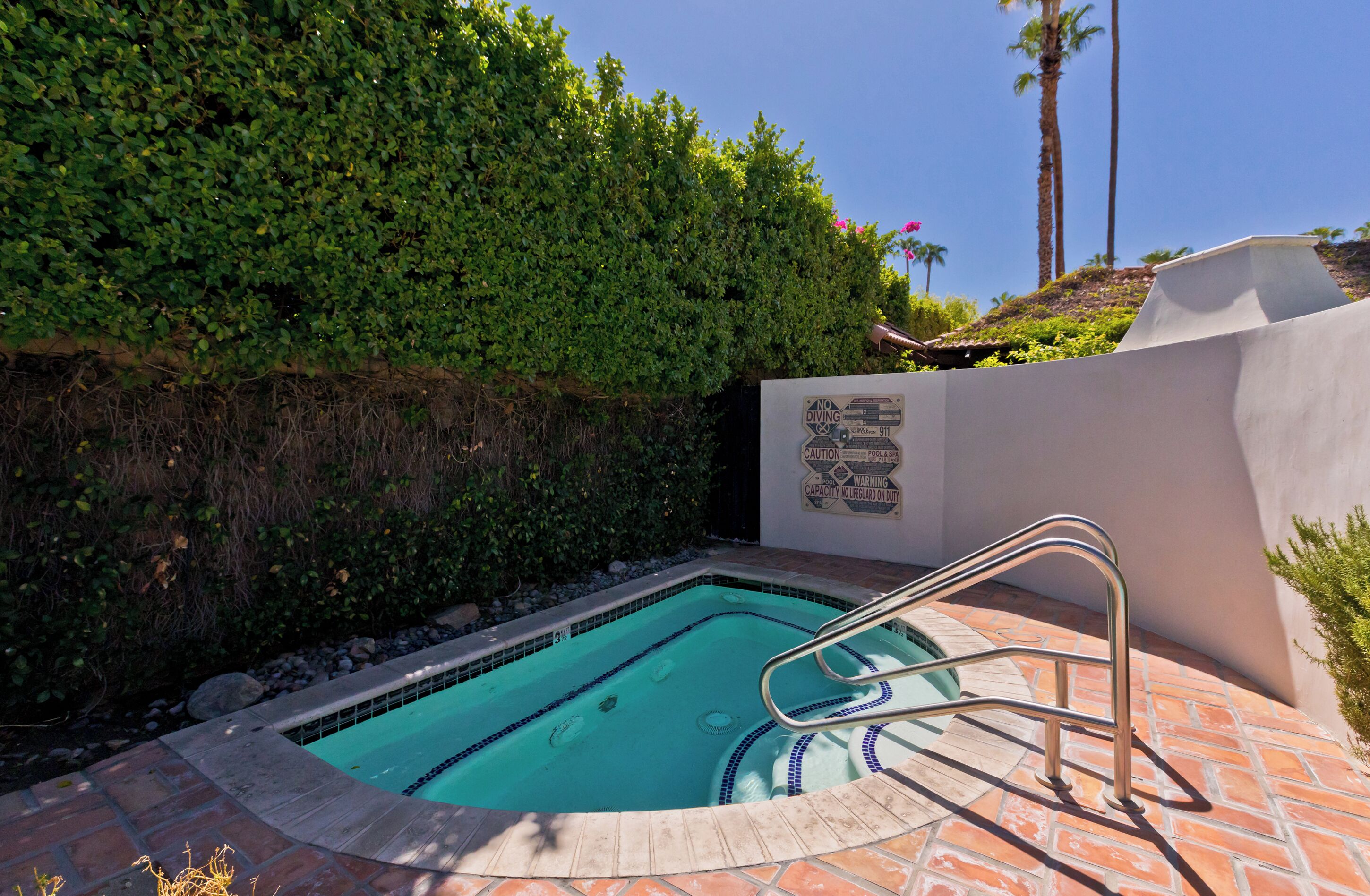 A swimming pool with a metal ladder, surrounded by a hedge and a wall with warning signs.