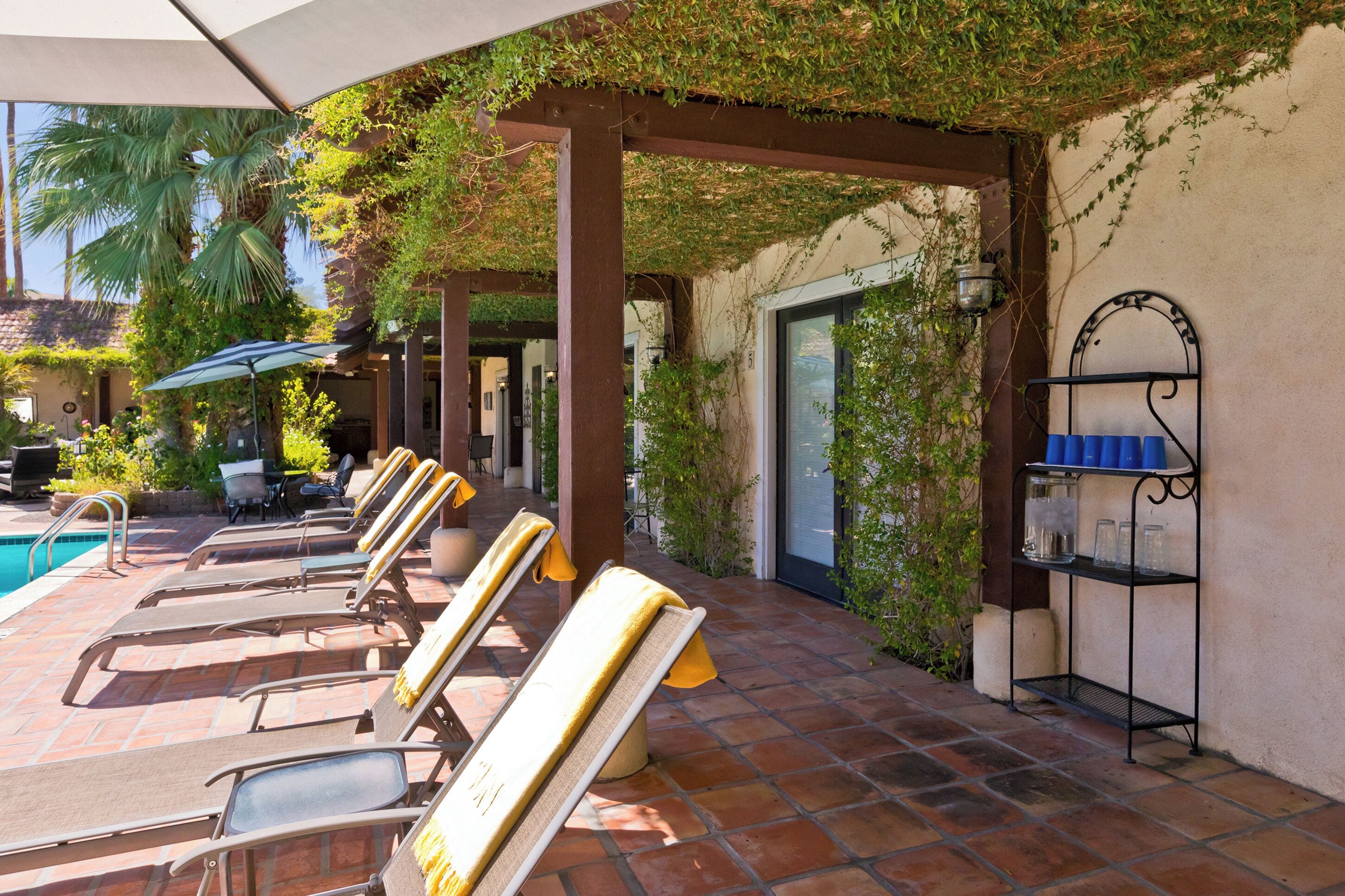 A poolside area with lounge chairs, a pool, and a pergola covered in greenery.
