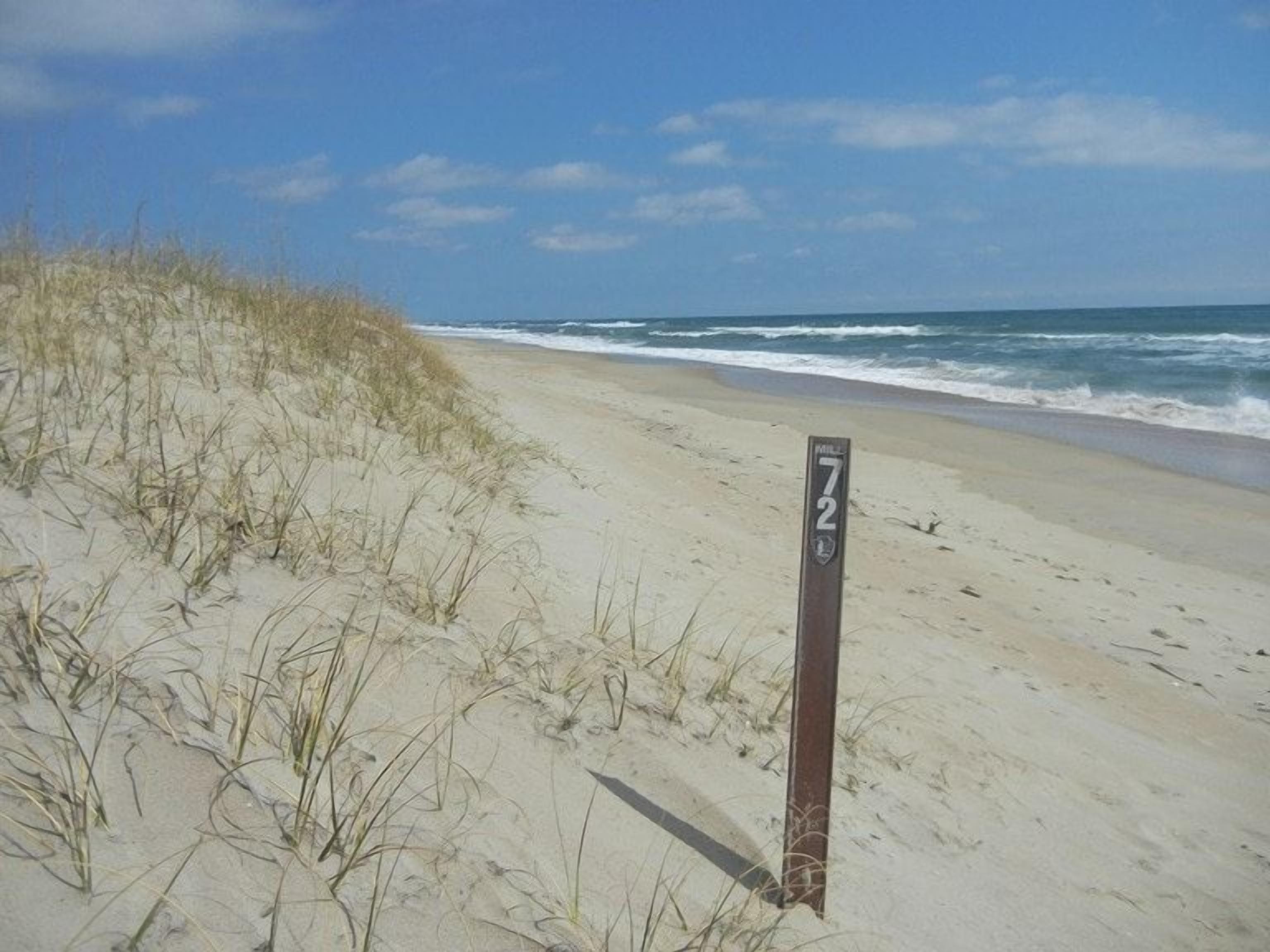 Une plage avec un panneau indicateur et des dunes.