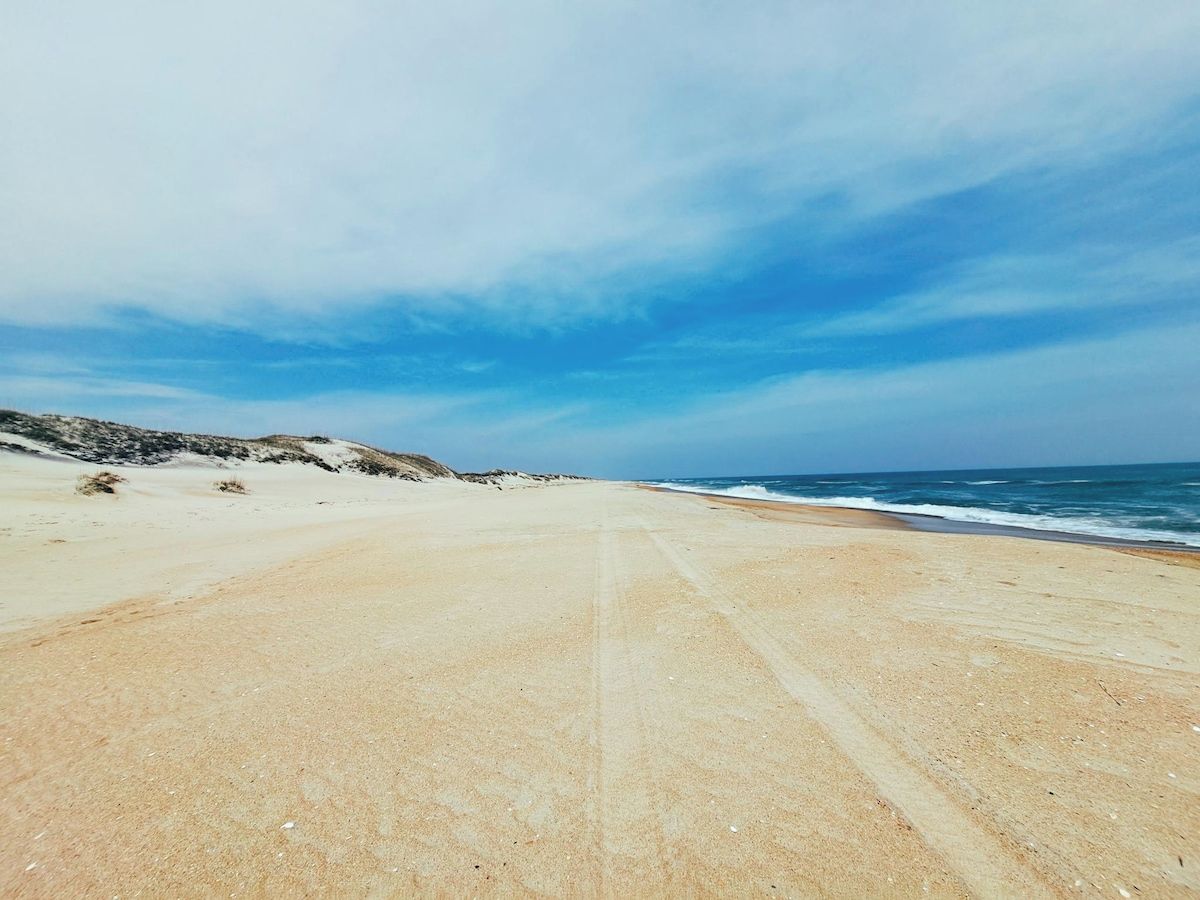 A beach with a clear sky and ocean.