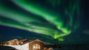 Una cabaña de madera con ventanas grandes y un paisaje nevado bajo un cielo nocturno con auroras boreales.