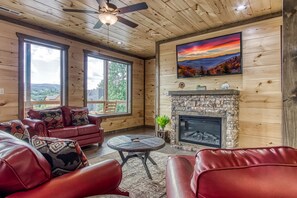Flat-screen TV, fireplace, video games