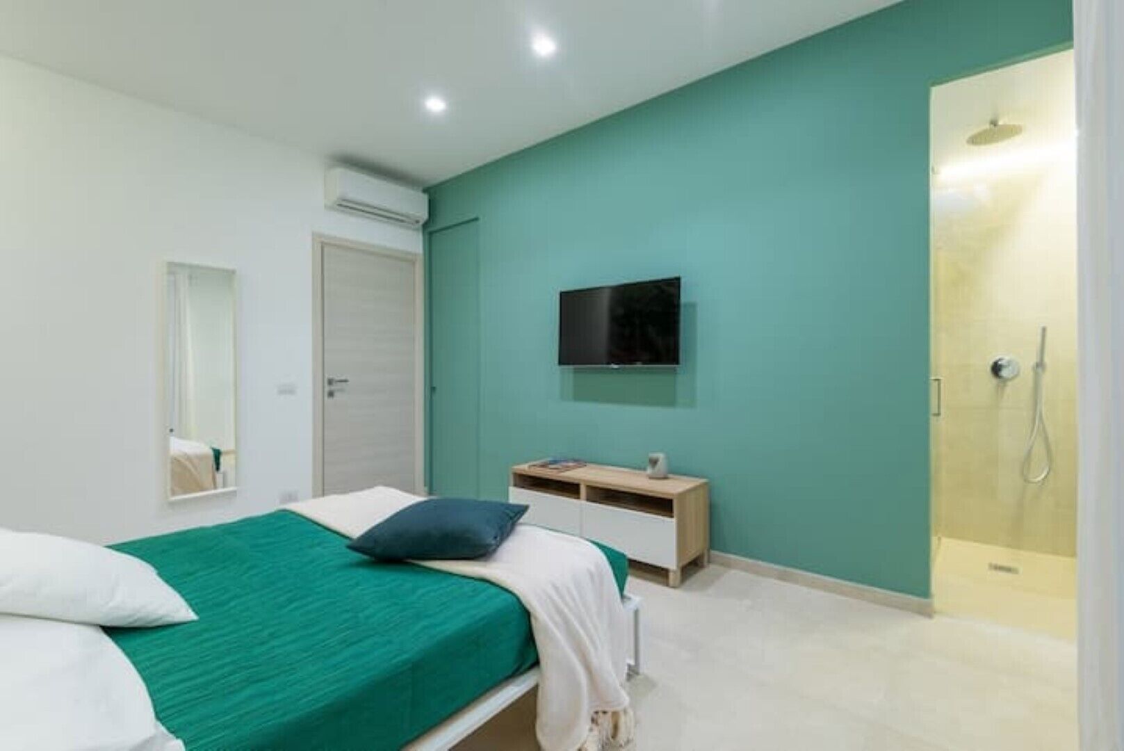 Une chambre à coucher comprenant un lit, une télévision, une table de chevet, un miroir et un espace douche.