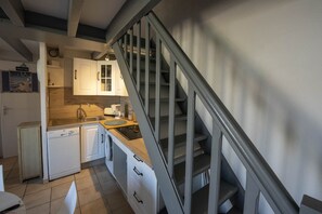 Fridge, microwave, electric kettle, toaster