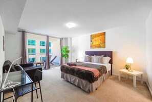 1 bedroom, desk, iron/ironing board, travel cot